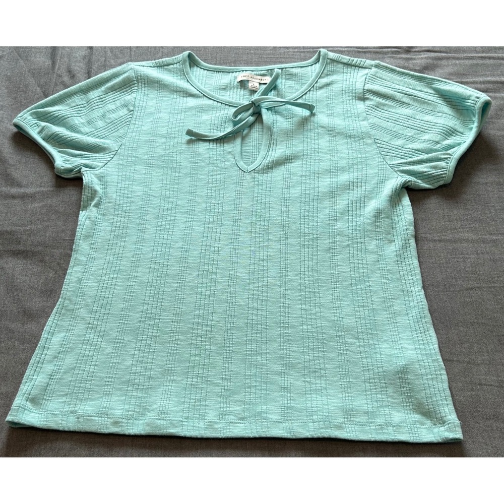 Free Assembly Womens Aqua Blue Ribbed Keyhole Tie Neck Puff Sleeve Top Large